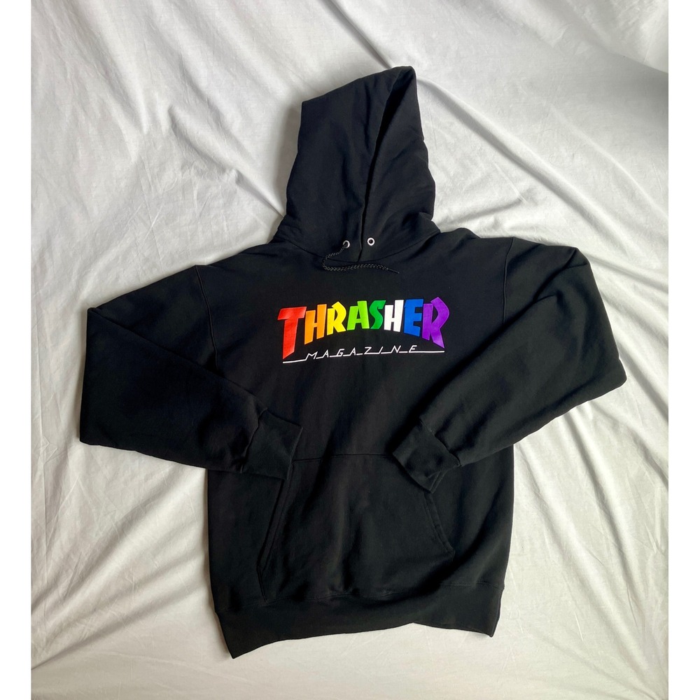 Thrasher Magazine Rainbow Logo Black Pullover Hoodie NWOT
